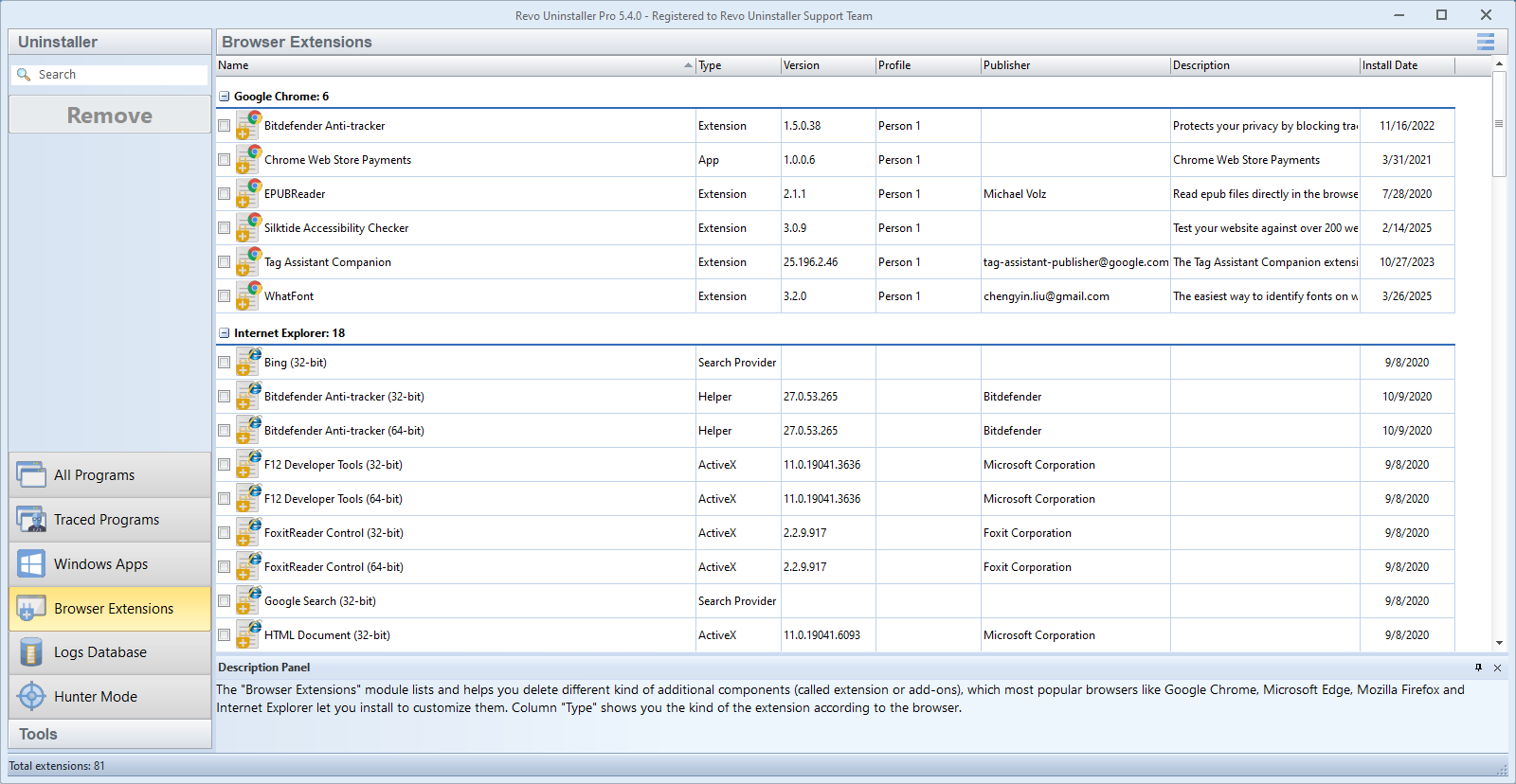 Screenshot: Browser Extensions module in Revo Uninstaller