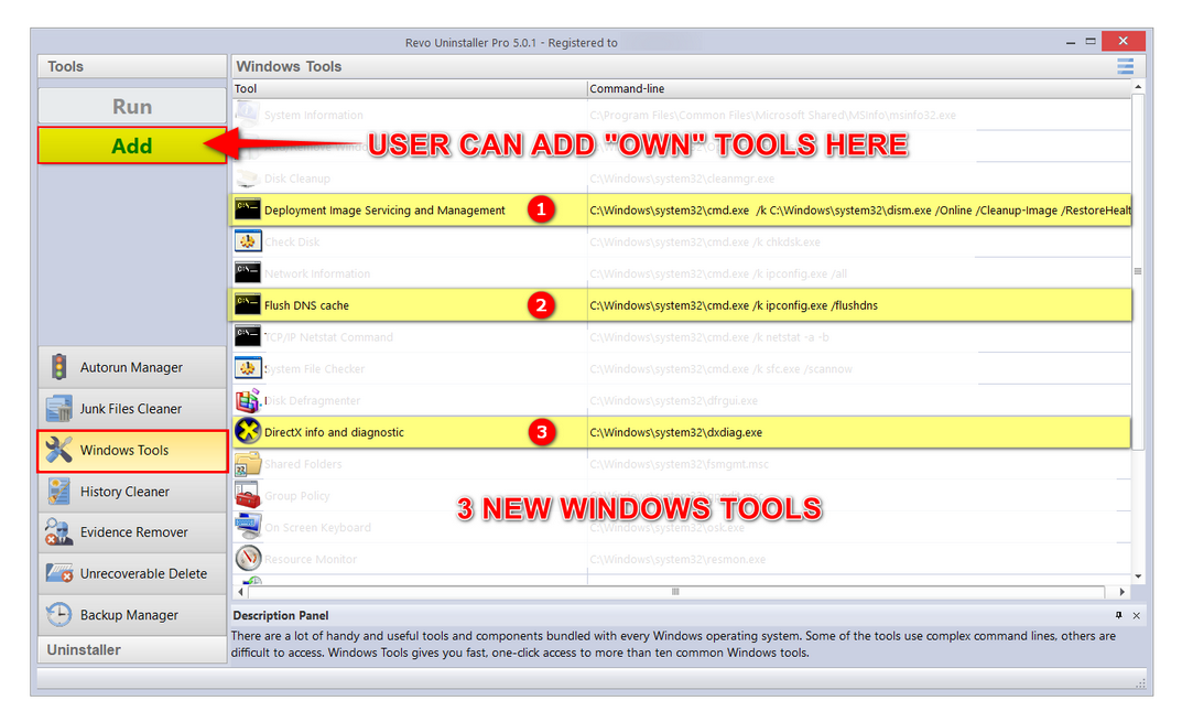 Screenshot: Windows Tools shortcuts in Revo Uninstaller