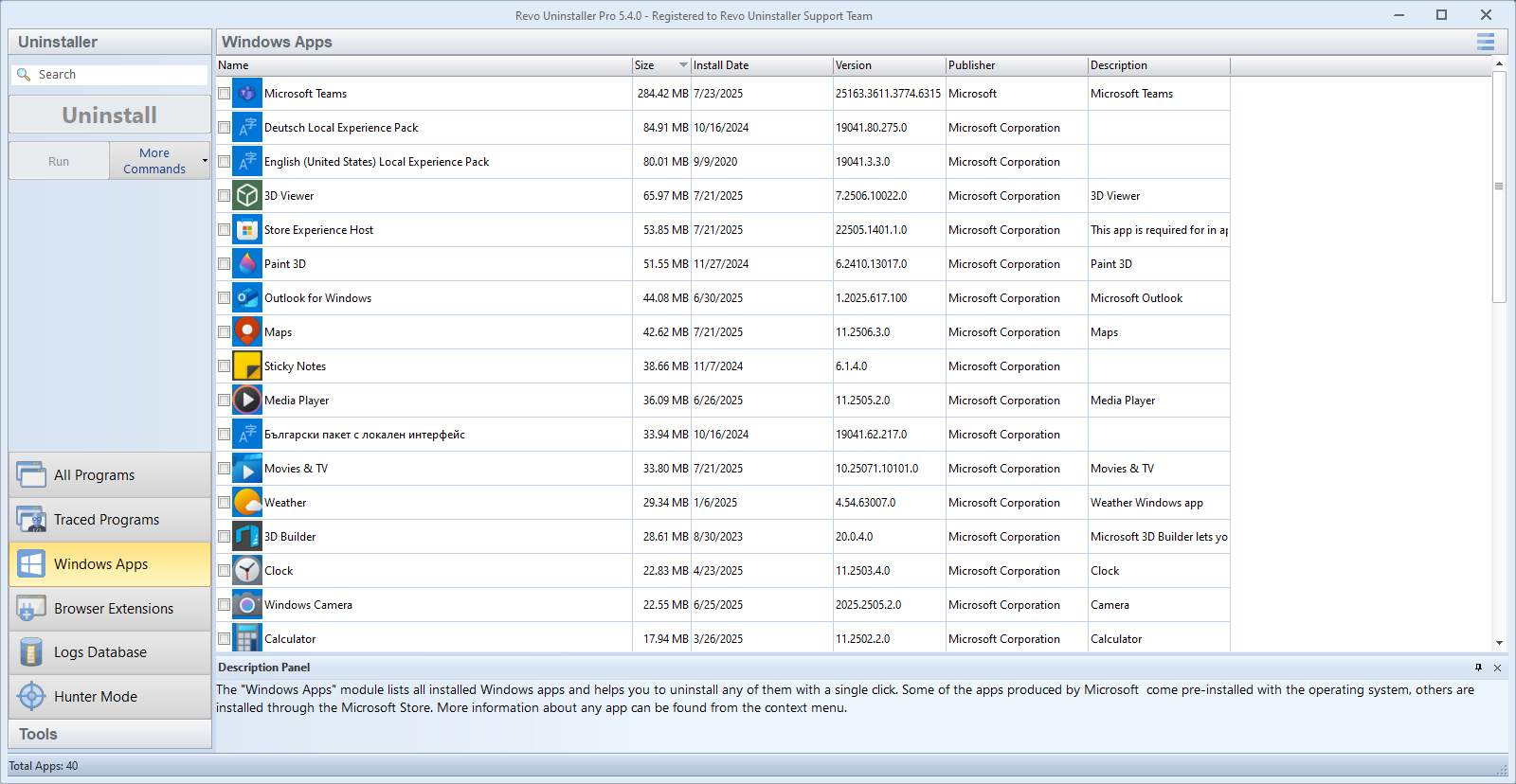 Screenshot: Windows Apps module listing Microsoft Store apps