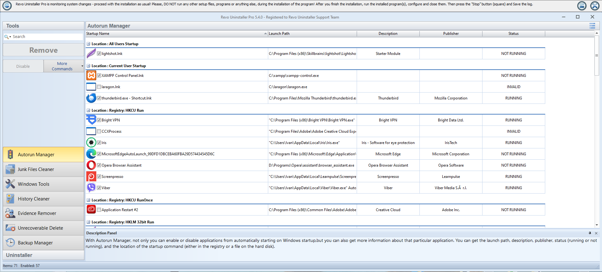 Screenshot: Autorun Manager startup items list