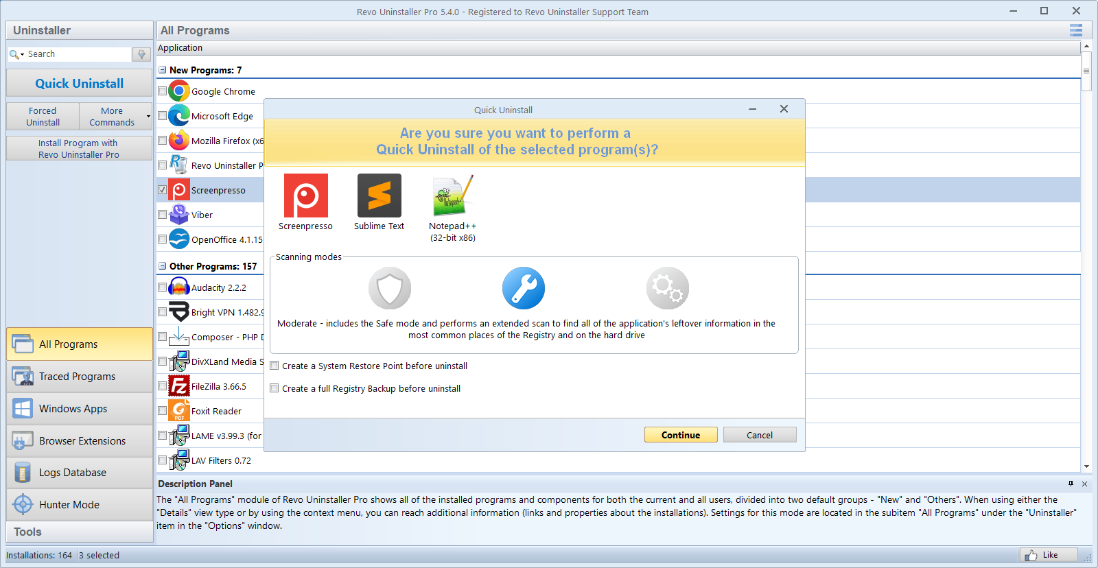 Screenshot: Quick Uninstall confirmation in Revo Uninstaller