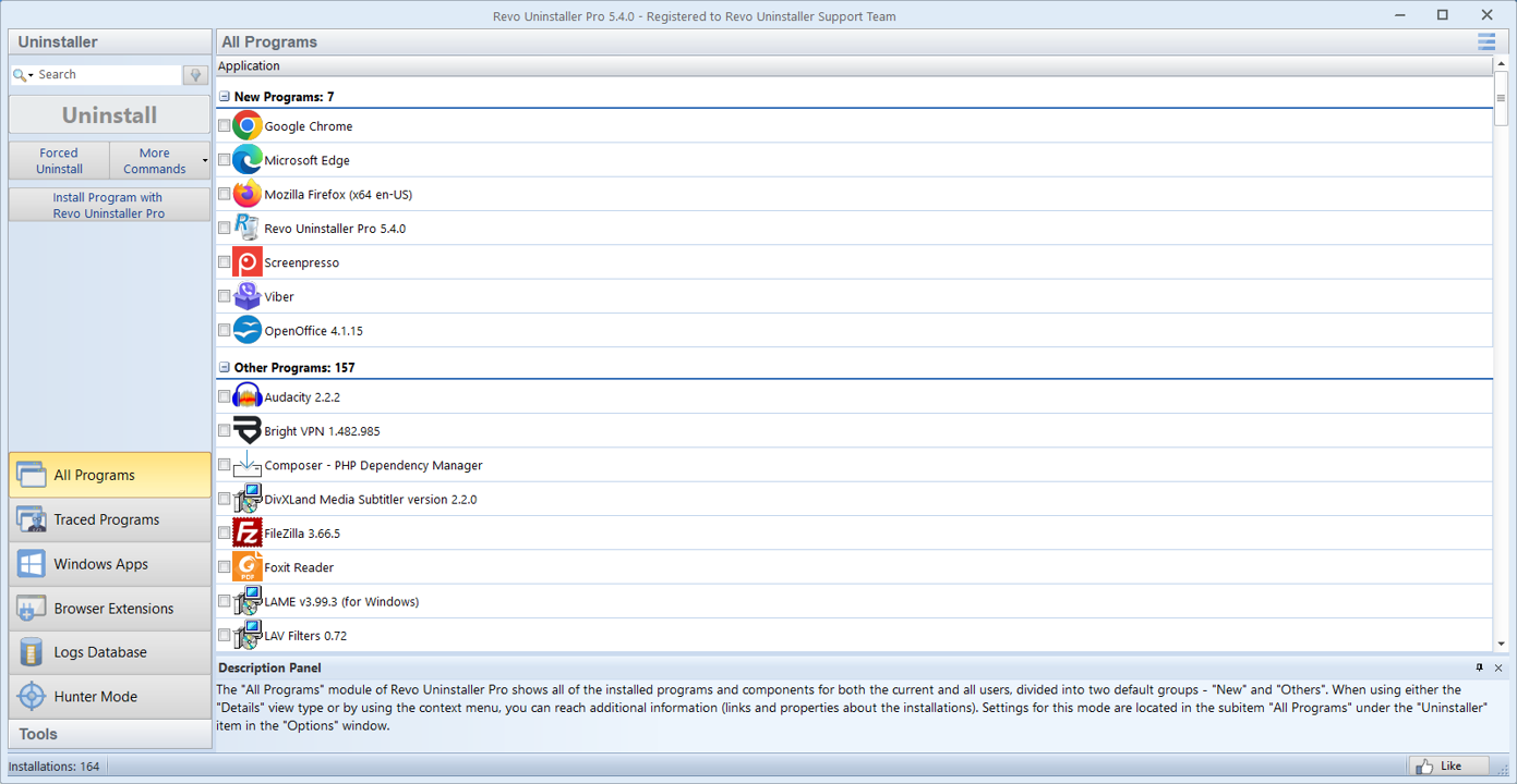 Screenshot: Revo Uninstaller All Programs list with program icons and groups