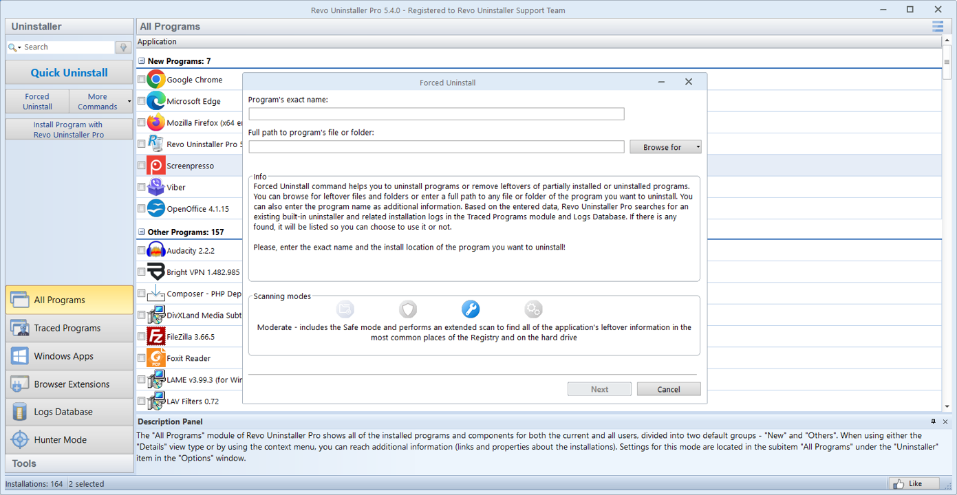 Screenshot: Forced Uninstall dialog in Revo Uninstaller