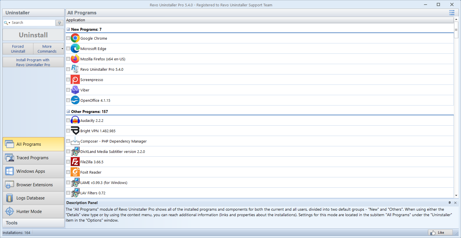 Screenshot: Revo sidebar with Hunter Mode visible