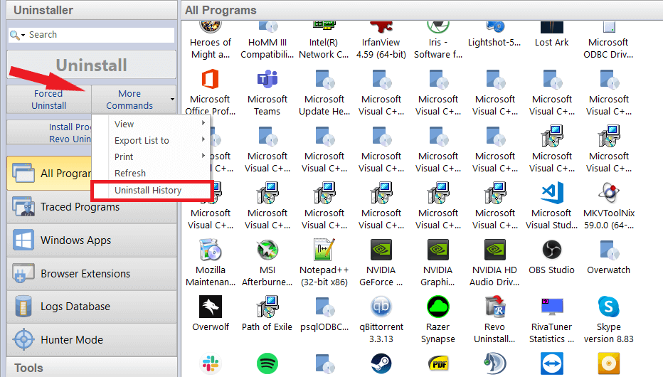 Screenshot: All Programs with Uninstall History menu highlighted