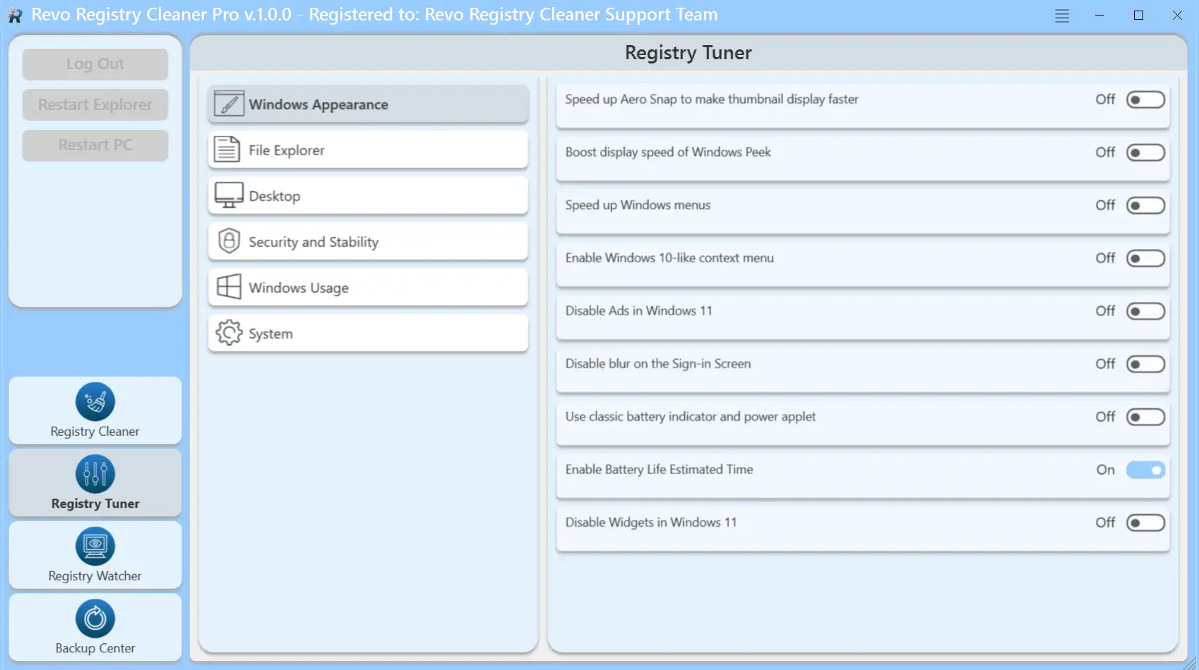 Registry Tuner panel for grouped tuning options